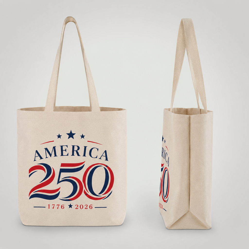 America 250 canvas tote bag front and side view showing gusset and top-entry handles