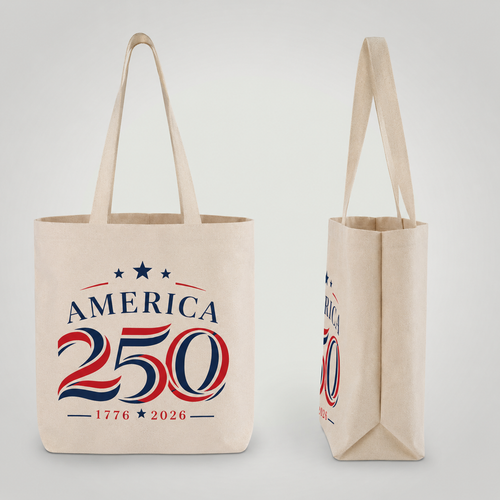 America 250 canvas tote bag front and side view showing gusset and top-entry handles
